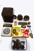 A box of mixed collectables, including a carriage clock case, silver Sherry decanter label,