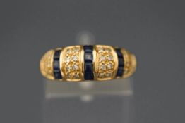 A 9 carat gold calibre sapphire and single cut diamond ring, finger size N, 2.