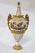 A Royal Crown Derby vase and cover, the body with painted decoration of exotic birds,
