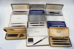 A collection of nine vintage Parker pen and propelling pencil sets