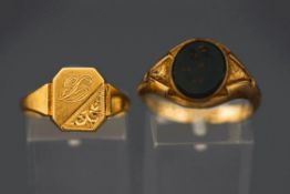 A 9 carat gold signet ring,; and a bloodstone set signet ring, stamped '9ct; 5.