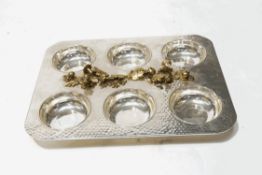A silver plated hors d'oeuvres tray with six bowls and 'gilded cast mushrooms and oak leaves' 44cm