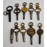 Ten assorted pocket watch keys, one advertising Ealing,