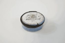 An 18th century enamel patch box, the lid with motto 'The Gift is small but Love is all',
