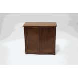 An Edwardian mahogany two door cupboard enclosing two shelves, with shaped apron,