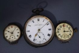 A silver open faced pocket watch; and two silver cased wristwatches,