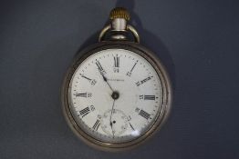 Waltham, an open faced pocket watch, the signed white enamel dial with black Roman numerals,