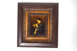 20th century School Boy playing a flute oil on panel Signed 'Zouaoui' lower right 8.5cm x 6.