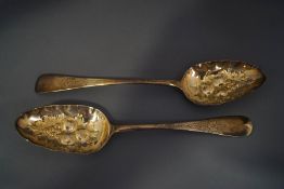 A near pair of silver Berry spoons, both later decorated Georgian spoons; 118 g (3.
