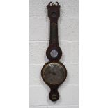 A 19th century mahogany cased banjo barometer, with silvered dial, lacking various elements,