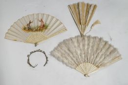 A Victorian ostrich feather fan with pierced bone sticks and guards,
