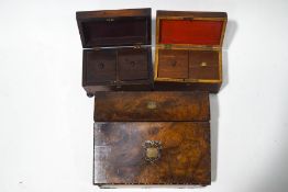 A 19th century walnut writing slope, 33cm wide, and two tea caddies,