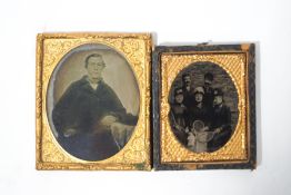 Two Victorian photographs, one of a family group, 7.5cm x 6cms, and another of a gentleman, 8.