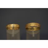 A 9 carat gold patterned wedding ring; and a synthetic spinel set 9 carat gold eternity ring;