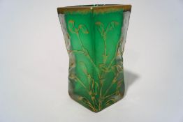 A Daum Nancy mistletoe pattern green glass vase,