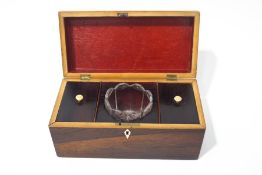 A19th century rosewood and boxwood strung tea caddy with boxwood stringing and ivory escutcheon,