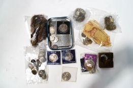 Various coinage, British and foreign, including pre-1947 crowns, sixpences, shillings, pennies,