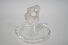 A Lalique glass ring tray with opaque mountain goat centre figure,