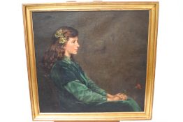 Attributed to Sir William Rothenstein Portrait of a young girl wearing a green dress holding a