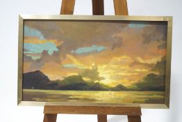 20th century school Extensive landscape at sunset Oil on board 44cm x 76.