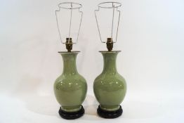 A pair of Celadon table lamps with shades, 36cm high,