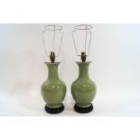 A pair of Celadon table lamps with shades, 36cm high,