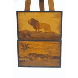 A pair of decorative marquetry pictures, depicting a lion and a tiger,