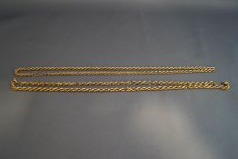 A 9 carat gold chain, of hollow rope links, broken, 53.
