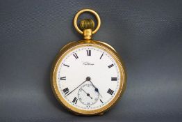 Waltham, a 18 carat gold open faced pocket watch, Birmingham 1910, with a signed white enamel dial,