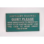 A cast iron Southern railway 'Quiet Please' sign, 14.5cm x 26.