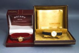 Rotary, a lady's 9 carat gold wrist watch on a leather strap,
