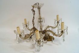 A six branch glass hanging chandelier with cut glass lustre drops,