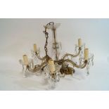 A six branch glass hanging chandelier with cut glass lustre drops,