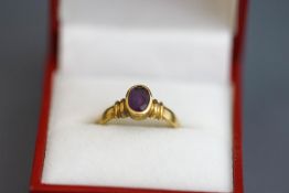 A 9ct gold single stone amethyst ring, finger size M, 2.