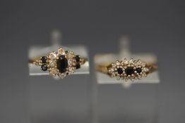A 9 carat gold sapphire and diamond cluster ring; with another similar; 3.