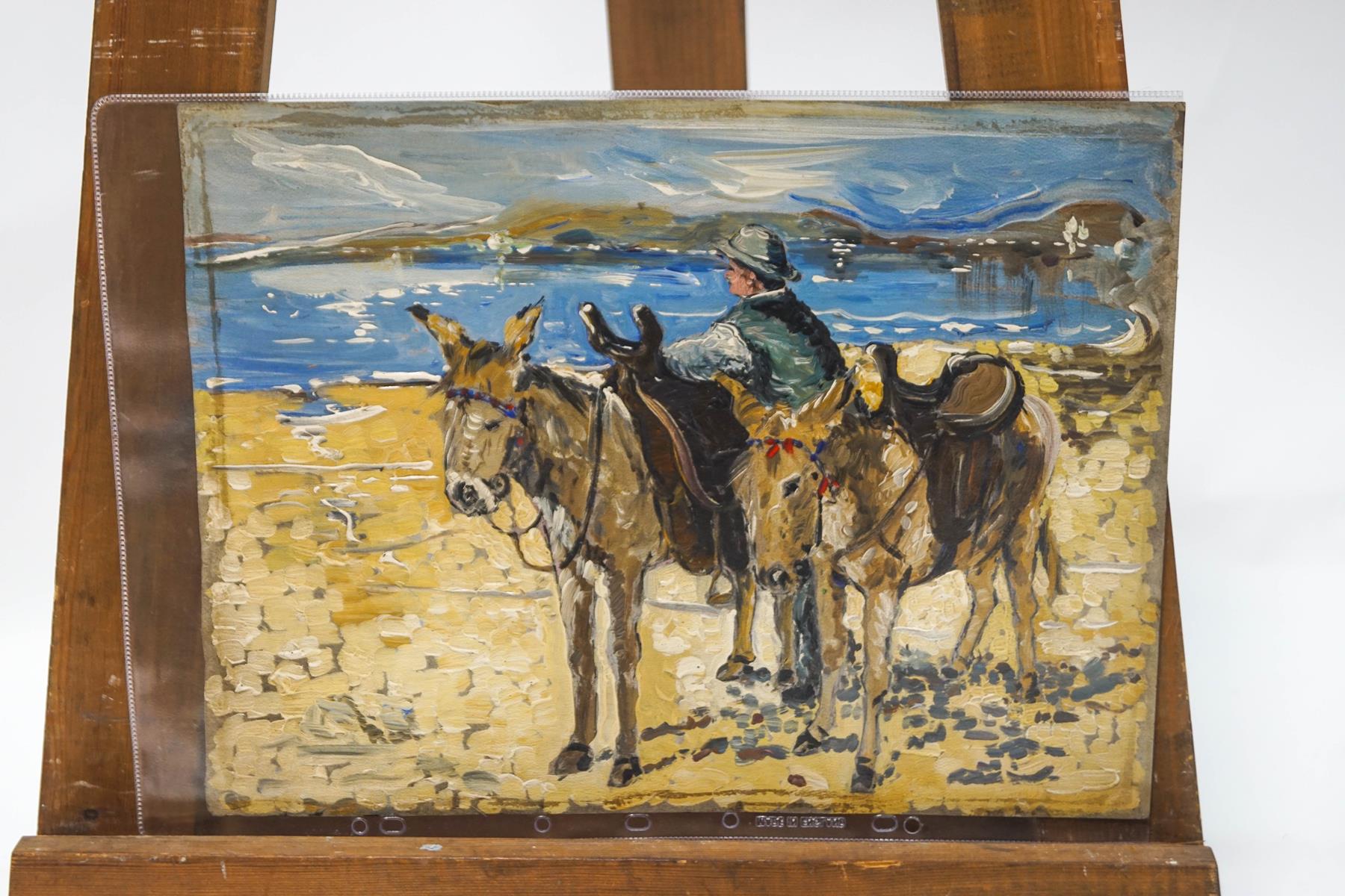 20th Century School Donkeys on the Sand Oil on treated paper 30.
