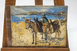 20th Century School Donkeys on the Sand Oil on treated paper 30.