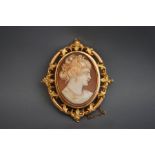 A Victorian shell cameo brooch, the female profile within a scroll frame,