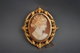A Victorian shell cameo brooch, the female profile within a scroll frame,