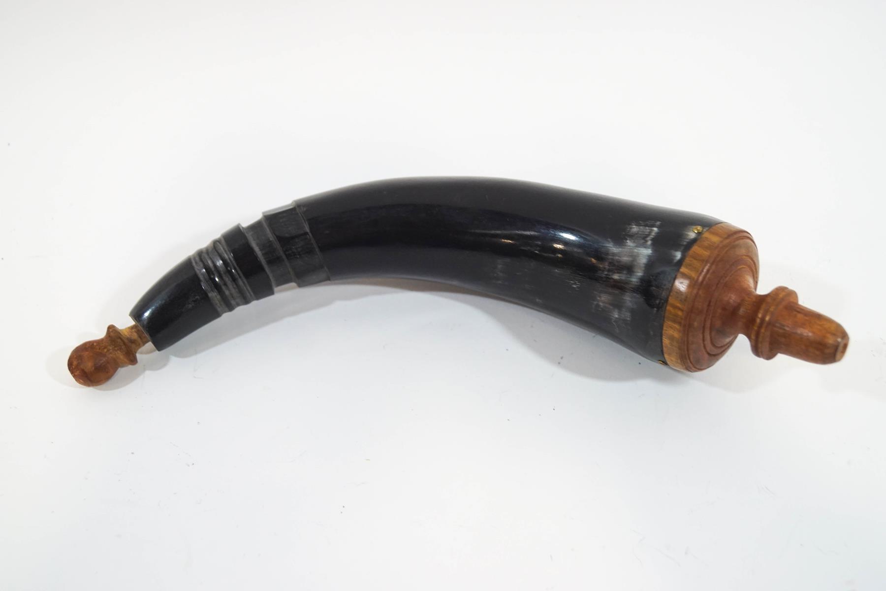 A cow horn black powder flask, with turned wood end and stopper, - Image 2 of 2