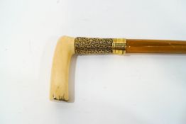 A walking stick with ivory handle and gold coloured collar