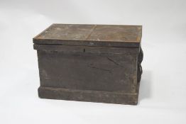 A large metal bound strong box with mahogany interior and drawers,