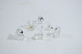 Six Swarovski Crystal ornaments: Duckling, Seal, Teddy Bear, Butterfly, Cockrell, Duck,