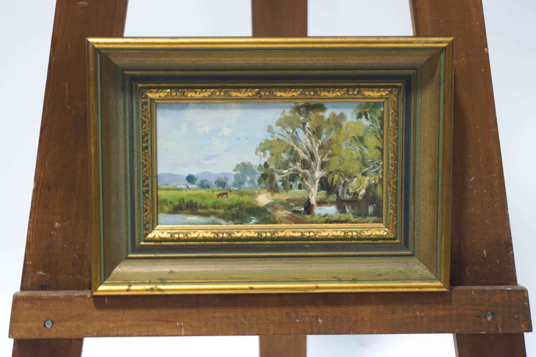 Dermont Hellier (b 1916) Extensive landscape oil on board signed lower right 12cm x 22cm