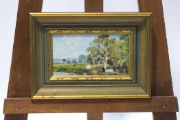 Dermont Hellier (b 1916) Extensive landscape oil on board signed lower right 12cm x 22cm