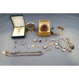A collection of silver jewellery and other items, including brooches, bangle, albert chain, rings,