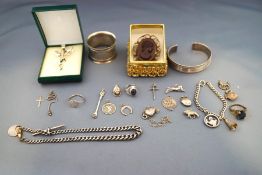 A collection of silver jewellery and other items, including brooches, bangle, albert chain, rings,
