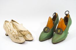 A pair of early 20th century ladies green silk shoes in the Georgian style,