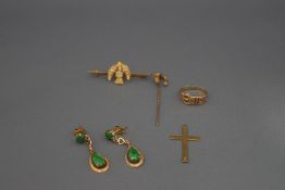 A pair of jade drop earrings; a seed pearl thistle motif bar brooch; a 9 carat gold buckle ring;