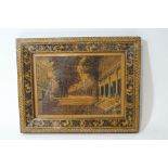 A Tunbridgeware panel depicting The Pantiles, with floral bordered frame, 19cm x 24.